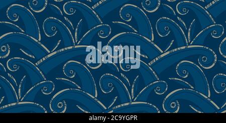 Motif sans couture de style ethnique à grandes vagues de l'océan pour l'arrière-plan, le tissu, le textile, le papier d'emballage, la surface, la toile et l'imprimé. Le folk vibes le rapport en bleu Illustration de Vecteur