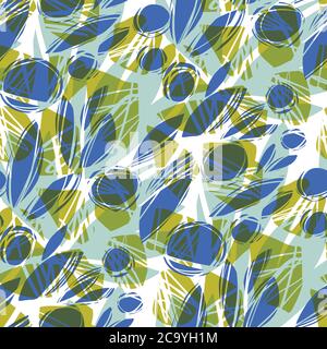 Une relation sophistiquée à plusieurs niveaux avec des fleurs bleues et de l'herbe verte. Motif naturel sans coutures pour l'arrière-plan, le tissu, le textile, l'enveloppement, la surface, la toile et Illustration de Vecteur