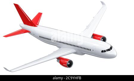 Doublure d'air blanche haute précision avec une aile arrière rouge, rendu 3d sur fond blanc. L'avion fait un tour, une illustration 3d isolée. Compagnie aérienne concept T Banque D'Images