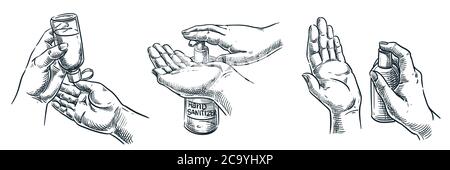 Personnes appliquant du gel antibactérien et un vaporisateur antiseptique. La désinfection des mains est la prévention et la protection du coronavirus. L'hygiène des mains humaines et Illustration de Vecteur