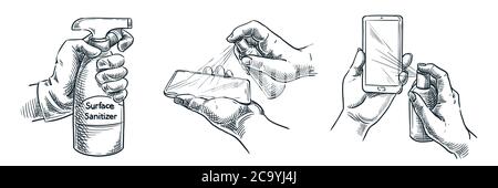 Gadget nettoyage de surface, assainissement, désinfection. Illustration d'esquisse vectorielle dessinée à la main. Les gens traitent les smartphones avec un désinfectant antibactérien en aérosol. Illustration de Vecteur