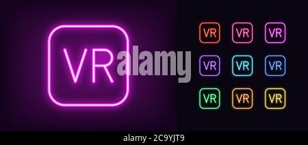 Icône VR néon. Signe VR néon lumineux, technologie de réalité virtuelle dans des couleurs vives. Jeu d'icônes, signe, symbole pour l'interface utilisateur, le périphérique de jeu vidéo et le logiciel. Vect Illustration de Vecteur