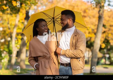 Portrait d'un couple noir aimant sous parapluie dans le parc d'automne Banque D'Images