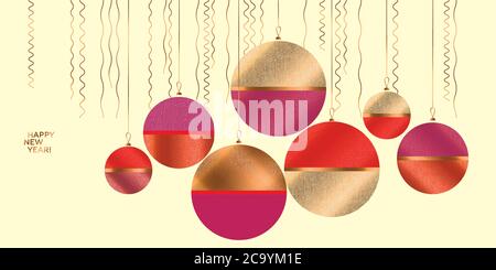Composition minimaliste élégante de boules d'arbre de Noël rouges et roses. Design masculin élégant de la nouvelle année pour carte, en-tête, invitation, poster, médias sociaux, post p Illustration de Vecteur