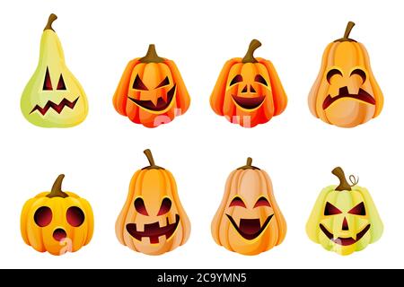 Collection d'icônes de citrouilles effrayantes et effrayantes pour Halloween. Illustration de dessin animé à plan vectoriel. Jack o lanternes expression de visage. Fête des fêtes design ele Illustration de Vecteur