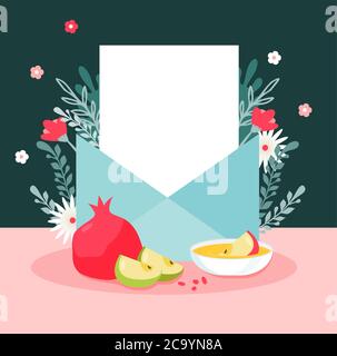 Rosh hashanah juif nouvel an carte de voeux design ensemble. Cartes de voeux avec symboles de vacances juives Rosh Hashana, nouvel an. Shana Tova - Illustration de Vecteur