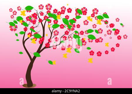 arbre fleurs illustration fond rose Banque D'Images