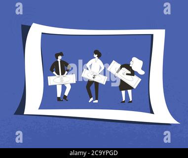 Concept de profit d'argent. Trois personnages qui détiennent un énorme argent papier. Illustration vectorielle plane de dessin au trait. Illustration de Vecteur