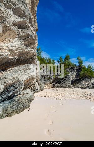 Rochers et plage de sable à Horseshoe Bay, Bermudes Banque D'Images
