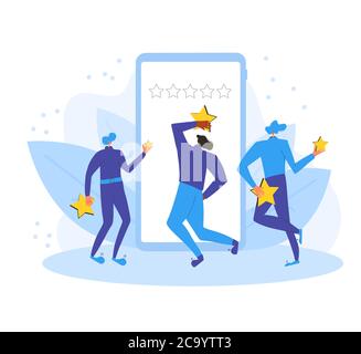 Concept de feedback de l'application. Le client donne une bonne note. Trois personnages se tenant près d'un immense téléphone et tenant des étoiles entre les mains. Niveau de service. Satisfaction l Illustration de Vecteur