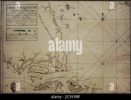 Carte du détroit de Singapour, 1778. C'est une représentation de Singapour sous le nom d'île et Royaume de Sincapura, comme Royaume indépendant avant la colonisation britannique. Il comprend un plan d'élévation de l'île de Viola, identifié comme 'l'île de Vandurria', la plus ancienne représentation connue de cette terre dans un document espagnol. Musée naval. Madrid. Espagne. Banque D'Images