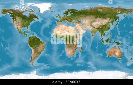 Carte du monde avec texture sur la photo satellite globale, vue de la Terre depuis l'espace. Carte plate détaillée des continents et des océans, panorama de la surface de la planète. Eleme Banque D'Images