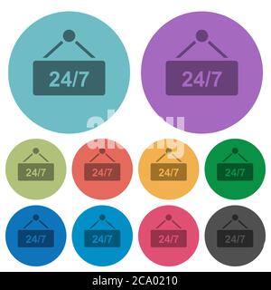 table suspendue avec des icônes plates plus sombres 24h sept jours par semaine sur fond rond de couleur Illustration de Vecteur