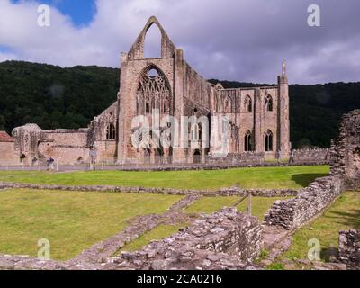 Ruines de l'abbaye de Tintern fondée en 1131 par Walter de Clare Seigneur de Chepstow situé à côté du village de Tintern dans le Monbucshire sur la banque galloise de RIV Banque D'Images