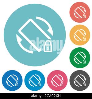 Rotation de l'écran mobile icônes blanches plates verrouillées sur des arrière-plans de couleur ronde Illustration de Vecteur