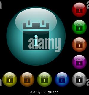 Icônes d'information de programme en couleur boutons sphériques éclairés sur fond noir. Peut être utilisé pour les modèles noirs ou sombres Illustration de Vecteur