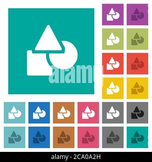 Formes géométriques de base icônes plates multicolores sur fonds carrés simples. Inclut des variantes d'icône blanche et foncée pour les effets de survol ou actifs. Illustration de Vecteur