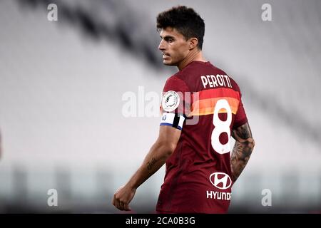 Turin, Italie - 01 août 2020 : Diego Perotti d'AS Roma regarde pendant la série UN match de football entre Juventus FC et AS Roma. COMME Roma a gagné 3-1 sur Juventus FC. Credit: Nicolò Campo/Alay Live News Banque D'Images