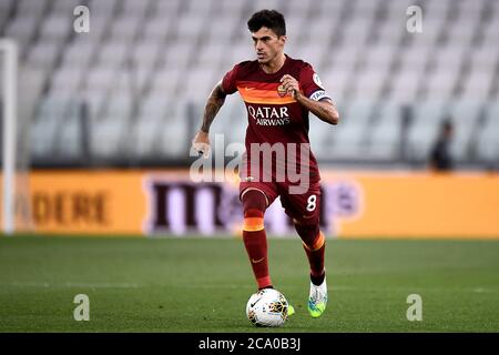 Turin, Italie - 01 août 2020 : Diego Perotti d'AS Roma en action pendant la série UN match de football entre Juventus FC et AS Roma. COMME Roma a gagné 3-1 sur Juventus FC. Credit: Nicolò Campo/Alay Live News Banque D'Images