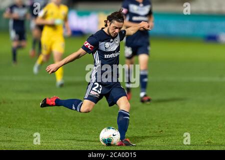 Sidney, Australie. 03ème août 2020. Marco Rojas (23), vainqueur de la victoire de Melbourne, tire lors du match Hyundai A-League entre Melbourne Victory et Central Coast Mariners au Netstrata Jubilee Stadium, Sidney, Australie, le 3 août 2020. Photo de Peter Dovgan. Utilisation éditoriale uniquement, licence requise pour une utilisation commerciale. Aucune utilisation dans les Paris, les jeux ou les publications d'un seul club/ligue/joueur. Crédit : UK Sports pics Ltd/Alay Live News Banque D'Images