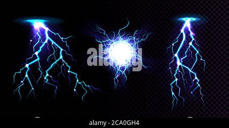 Balle électrique et coup de foudre, lieu d'impact, sphère plasma ou flash d'énergie magique en bleu isolé sur fond noir. Décharge électrique puissante, illustration vectorielle 3d réaliste Illustration de Vecteur