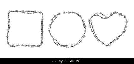 Jeu de barbelés en acier. Cadres circulaires, carrés et en forme de coeur en fil torsadé avec des barbes isolées sur fond blanc. Vector réaliste bordures de la chaîne métallique avec épines vives Illustration de Vecteur