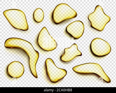 Gouttes d'huile, taches de jus ou limonade vue du dessus. Gouttelettes liquides jaunes de formes différentes, breloques de miel, taches de sirop isolées sur fond transparent, illustration vectorielle 3d réaliste, ensemble d'icônes Illustration de Vecteur