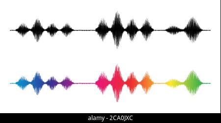 Onde sonore. Forme d'onde des couleurs silhouette et arc-en-ciel. Illustration de l'amplificateur de fréquence. Audio, schéma. Page abstraite d'arrière-plan d'onde ou d'impulsion d'égaliseur Illustration de Vecteur