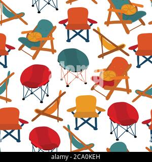 Préside le motif vectoriel sans couture. Répétition arrière-plan Camping pique-nique chaises de patio. Différents types de chaises Illustration de Vecteur