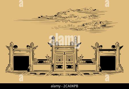 Lingxing Gates devant le Temple du ciel à Pékin, point de repère de la Chine. Illustration d'esquisse vectorielle dessinée à la main dans des couleurs monochromes isolées sur Illustration de Vecteur