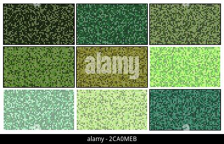 Ensemble de motifs de mosaïque. Collection de papiers peints abstraits carrés verts. Arrière-plans avec effet de grille de pixels. Modèle de blocs géométriques en couleurs mixtes. Carré Illustration de Vecteur