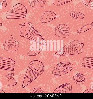 Fond d'écran sans couture, nourriture, contours de sucreries, papier peint rose avec motif décoratif. Vecteur Illustration de Vecteur