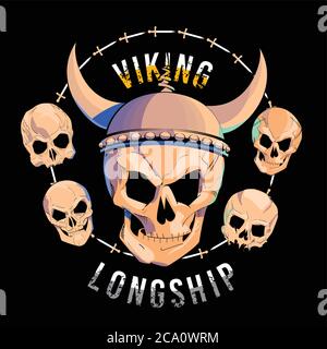 illustration vectorielle d'un crâne avec casque viking entouré de petites crânes sur fond noir. Dessin de la tête pour les t-shirts ou les affiches. Illustration de Vecteur