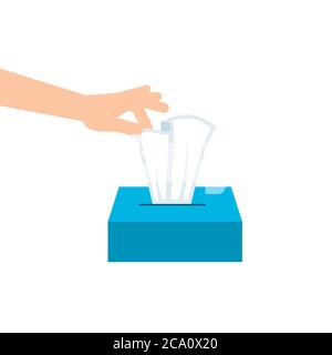La main tire un papier de soie d'une boîte. Hygiène personnelle. La main prend une lingette de nettoyage dans un emballage en carton. Essuie-tout. Boîte bleue sur blanc Illustration de Vecteur