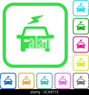 Voiture électrique avec flash couleurs vives icônes plates dans des bordures incurvées sur fond blanc Illustration de Vecteur