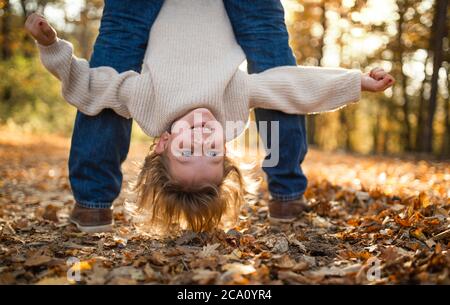 Père méconnaissable tenant une petite fille à l'envers dans la forêt d'automne. Banque D'Images