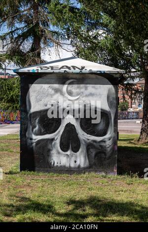 Murale de graffiti crânien sur l'armoire de la sous-station de transformation dans le district de Suvilahti à Helsinki, en Finlande Banque D'Images