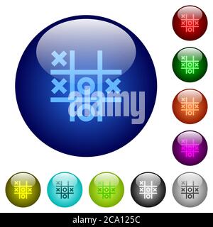 Icônes de jeu TIC tac TOE sur des boutons ronds en verre de couleur Illustration de Vecteur