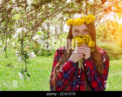 Une fille dans une couronne de pissenlits se tient sous un pommier en fleur et sniffs un bouquet Banque D'Images