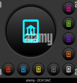 Boutons-poussoirs sombres pour banque mobile avec icônes aux couleurs vives sur fond gris foncé Illustration de Vecteur