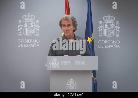 Madrid, Espagne. 03ème août 2020. Le directeur du Centre de coordination des alertes et urgences sanitaires (CCAES), Fernando Simon, lors d'une conférence de presse pour informer sur l'évolution du COVID-19, au Ministère de la Santé le 03 août 2020 à Madrid, Espagne. Credit: CORMON PRESSE/Alamy Live News Banque D'Images