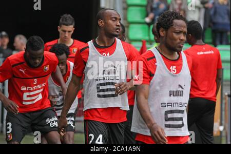 Chris Mavinga ,Dimitri Foulquier et Jean II Makoun la Ligue 1 2012 - 2013, Stade Rennais - OGC Nice le 05 2013 mai à , Parc Roazon , Rennes - photo Laurent Lairys / DPPI Banque D'Images