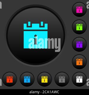 Boutons-poussoirs sombres d'informations sur les horaires avec icônes de couleur vive sur fond gris foncé Illustration de Vecteur