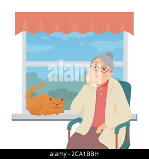 Femme âgée assise près de la fenêtre - style plat illustration Illustration de Vecteur