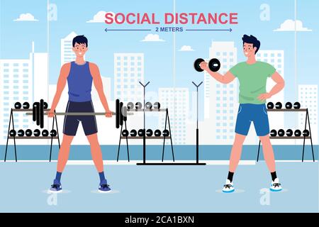 Nouveau social distance normale centre de fitness style de vie après pandémie COVID-19 coronavirus. Distanciation sociale, Illustration de Vecteur