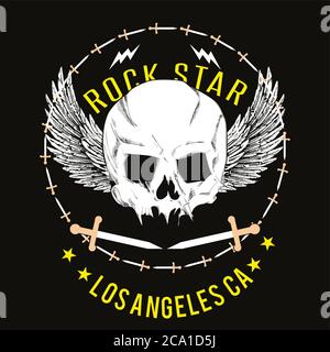 Motif vectoriel pour t-shirt d'un crâne avec ailes blanches, avec un cercle de poignards et des lettres jaunes sur fond noir. Illustration de Vecteur