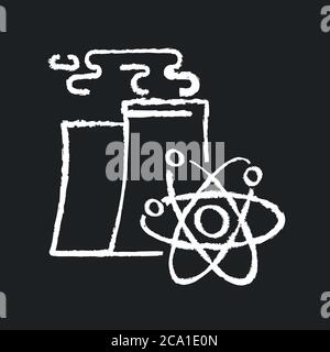 Icône blanche craie dans l'industrie nucléaire sur fond noir. Technologie de fabrication de l'énergie atomique. Centrale électrique moderne avec cheminée de refroidissement de réacteur nucléaire Illustration de Vecteur
