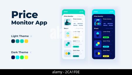 Jeu de modèles vectoriels d'interface pour smartphone de dessin animé d'application de surveillance de prix. Page d'écran d'application mobile conception des modes jour et nuit. Interface utilisateur de comparaison de prix pour applic Illustration de Vecteur