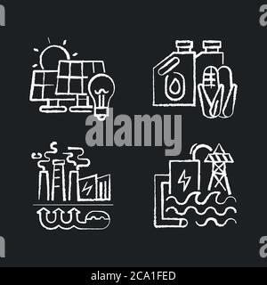 Icônes blanches de craie d'énergie alternative sur fond noir. Panneaux solaires, centrale géothermique, centrale hydroélectrique et biocarburant. Énergie renouvelable Illustration de Vecteur