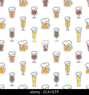 Motifs colorés sans coutures pour les types de bière. Verres à bière pour bière, weizen, pinte et mug, joli motif vectoriel. Illustration de Vecteur